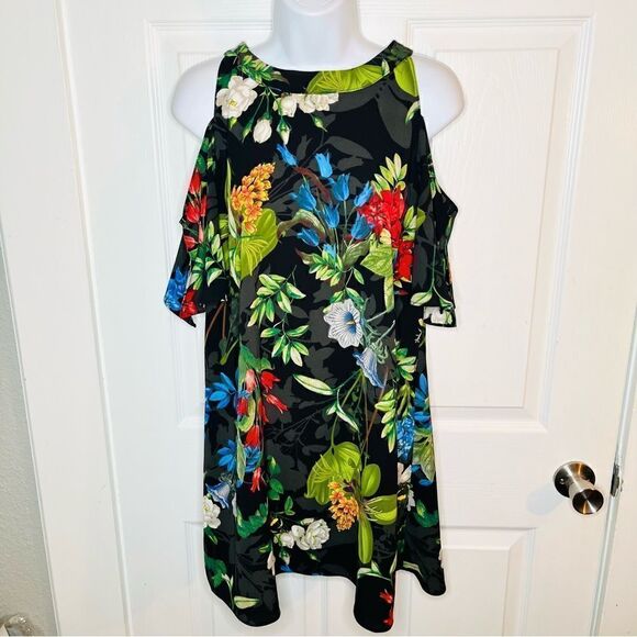 Lulus Oasis Floral We Go Black Tropical Shift Dress Cold Shoulder Split Sleeve S - Picture 5 of 13